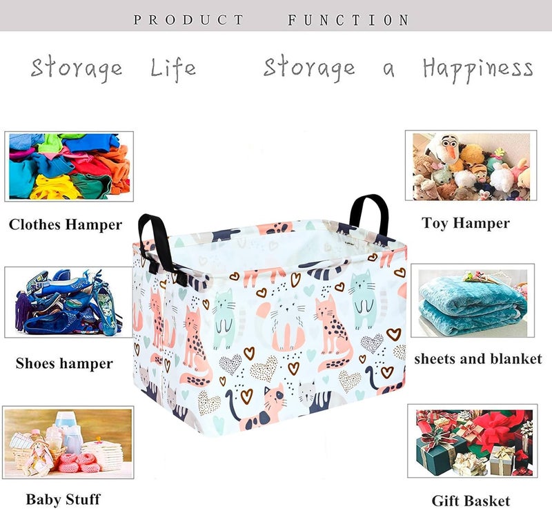 KUNRO Rectangle Cat Pattern Storage Basket Gift Shelf Basket Storage Bin, Nursery Basket Organizer Box for With Handles for Room Deco - Image 5